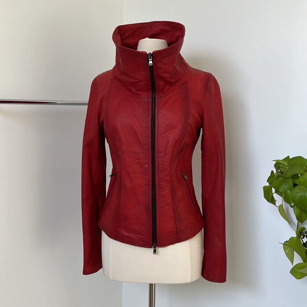 Red Leather Zip-Front Jacket with High Collar